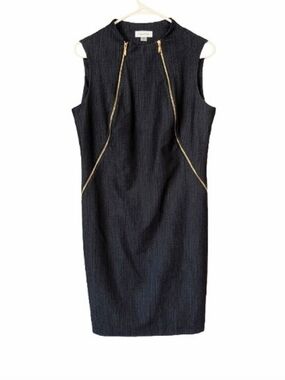 Calvin Klein Blue Denim Look Zip Embellished Sheath Dress Size 10